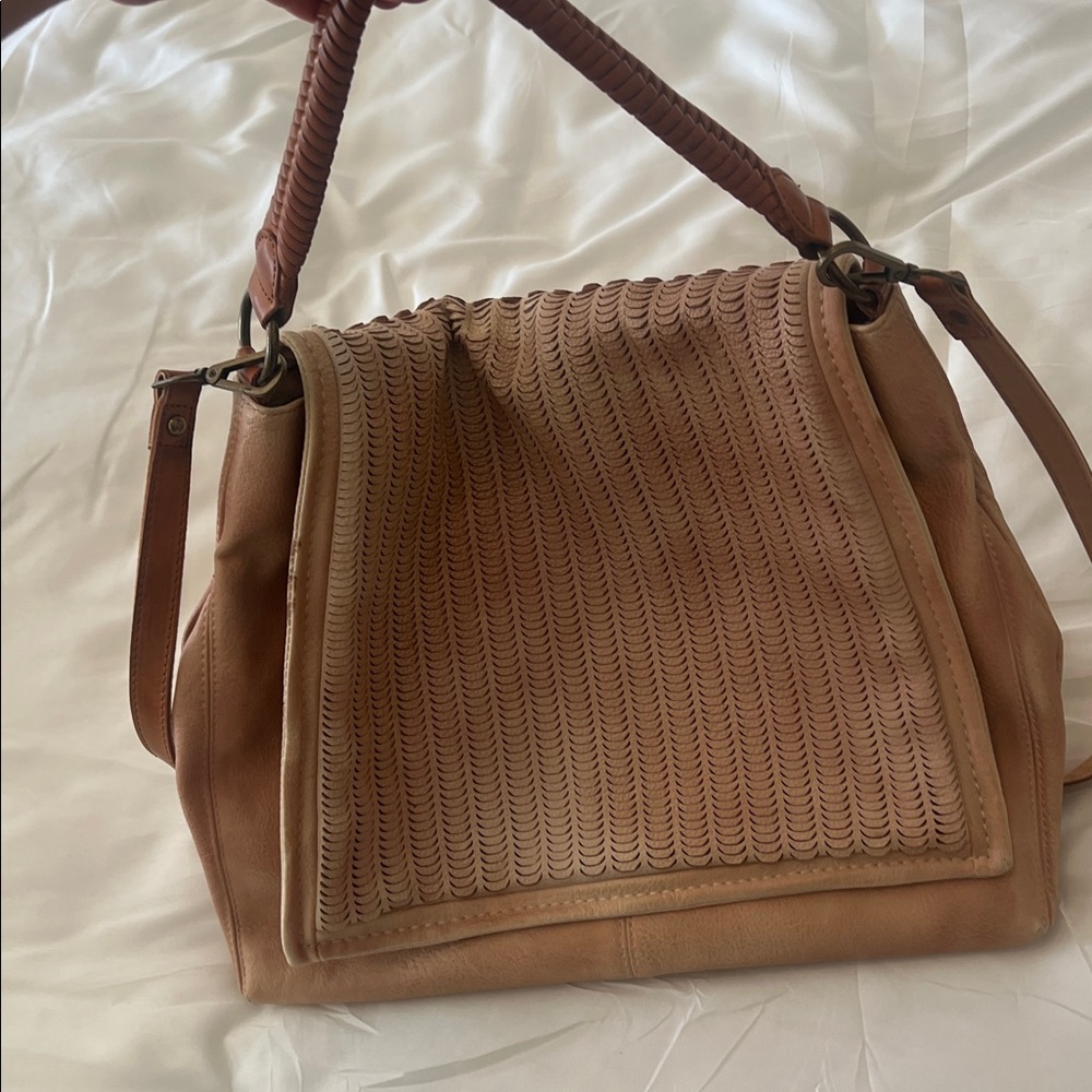 Free People Tan Leather Tote with Woven Detail